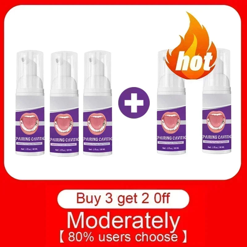 Five 30ml pump bottles of cavity repair toothpaste with a purple label featuring a graphic of healthy teeth.