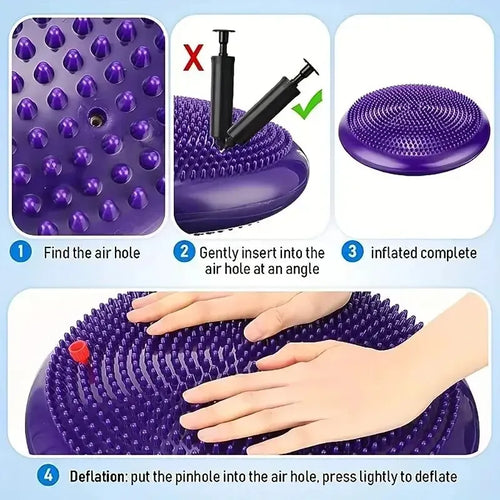 Anti-burst balance pad, smart yoga mat accessory, side angle view of purple thickened massage cushion with air pump guide.