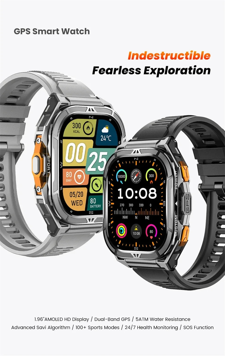 2025 New GPS Smart Watch Men 1.96-inch HD AMOLED Screen Compass Bluetooth Call 5ATM Waterproof Sport Smart Watch for Android iOS