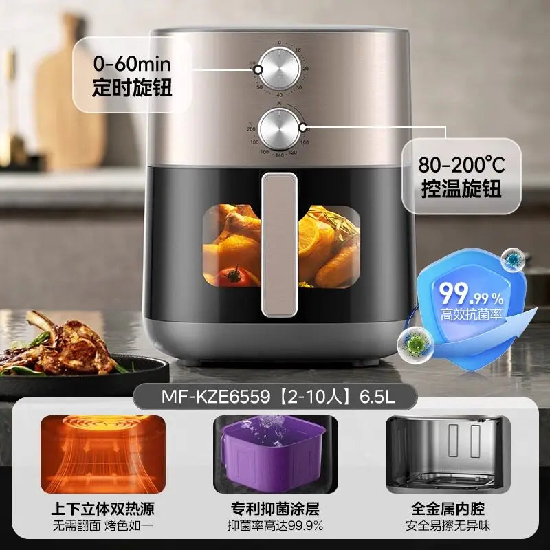 Midea air fryer stainless design with viewing window and handle, 6.5L capacity