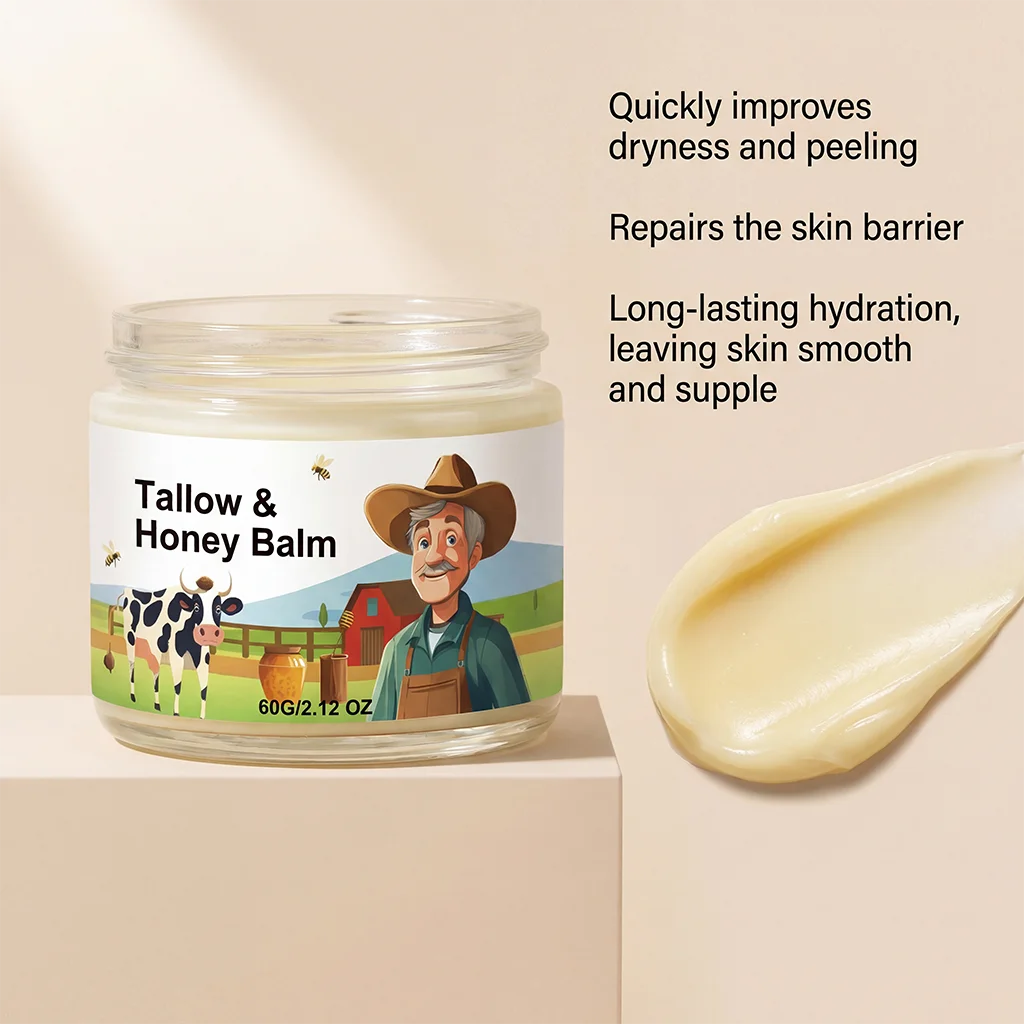 Organic Grass-Fed Beef Tallow Balm with Raw Honey - Moisturizing Cream for Soft, Smooth Skin - Handmade All-Natural Moisturizer