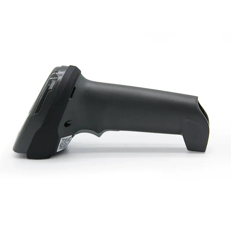 Dark gray barcode scanner handle with rear label area and front scan window
