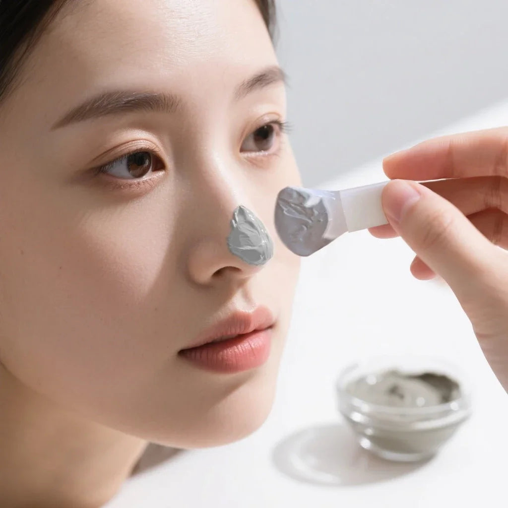 A hand uses a white, flexible silicone brush to apply grey mud mask cream to a woman’s nose.