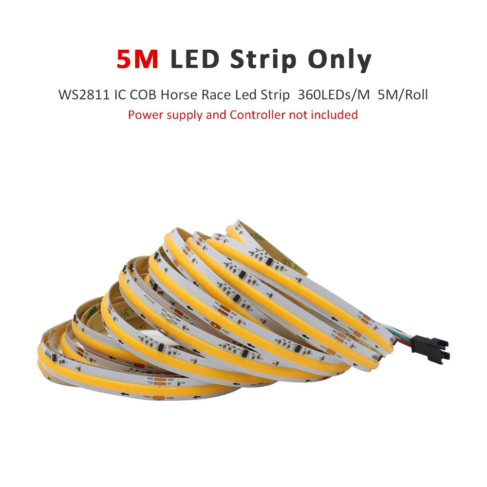 COB horse race LED strip ribbon roll with adhesive-backed tape and connectors