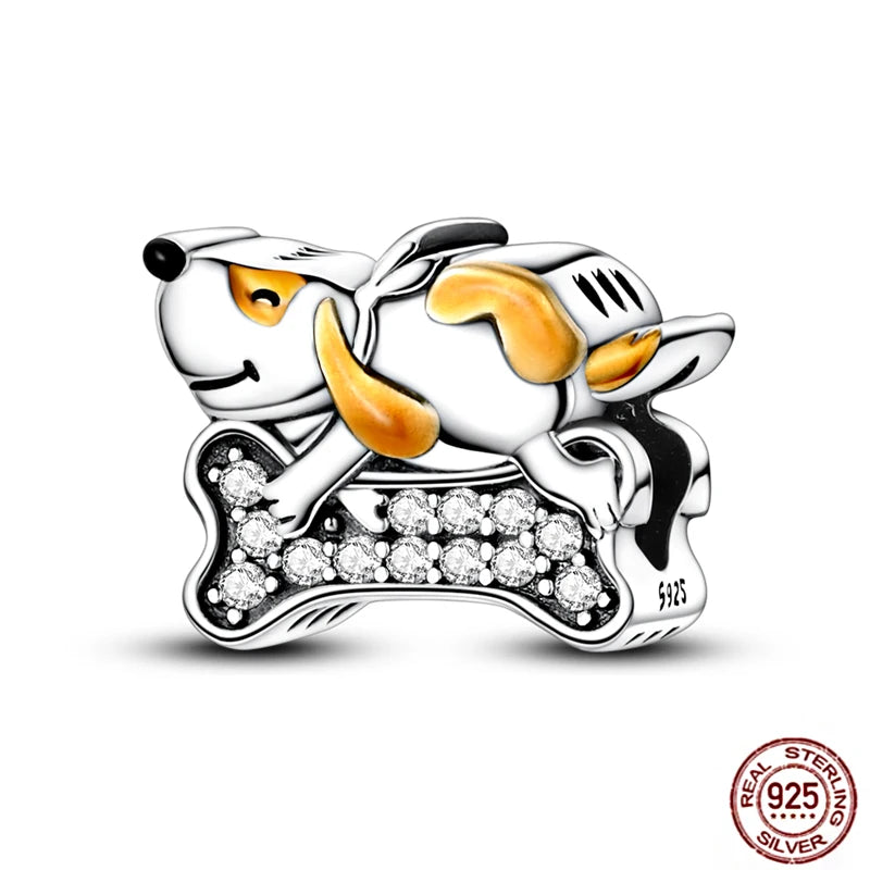 925 sterling silver puppy dog charm with crystals, perfect for DIY pet-themed charm bracelets and pendants.