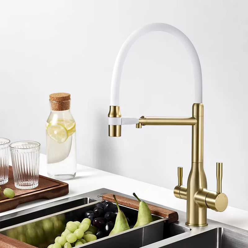 Filtered Kitchen Faucets Dual Spout Filter Faucet Mixer Pull Out Spray 360 Rotation Water Purification 3 Ways Sink Mixer Kitchen