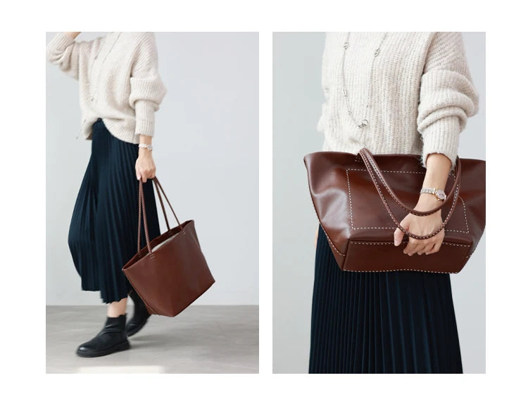 Women Large Capacity Genuine Leather Tote Soft Shoulder Bag