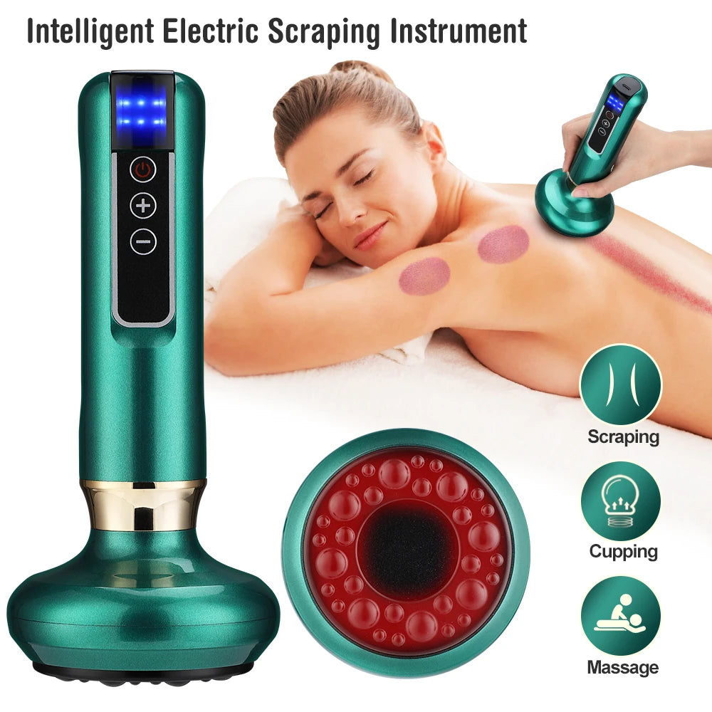 Green electric vacuum cupping massager for gua sha, body scraping, and heat therapy on a person's back.