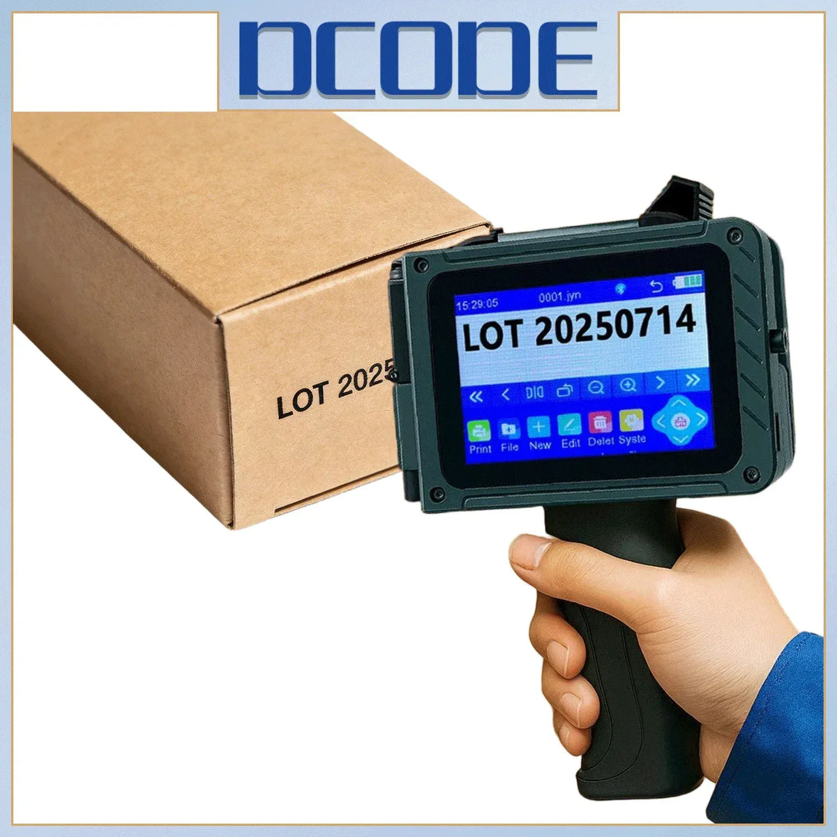 Handheld inkjet printer printing text on a cardboard shipping box, held above package