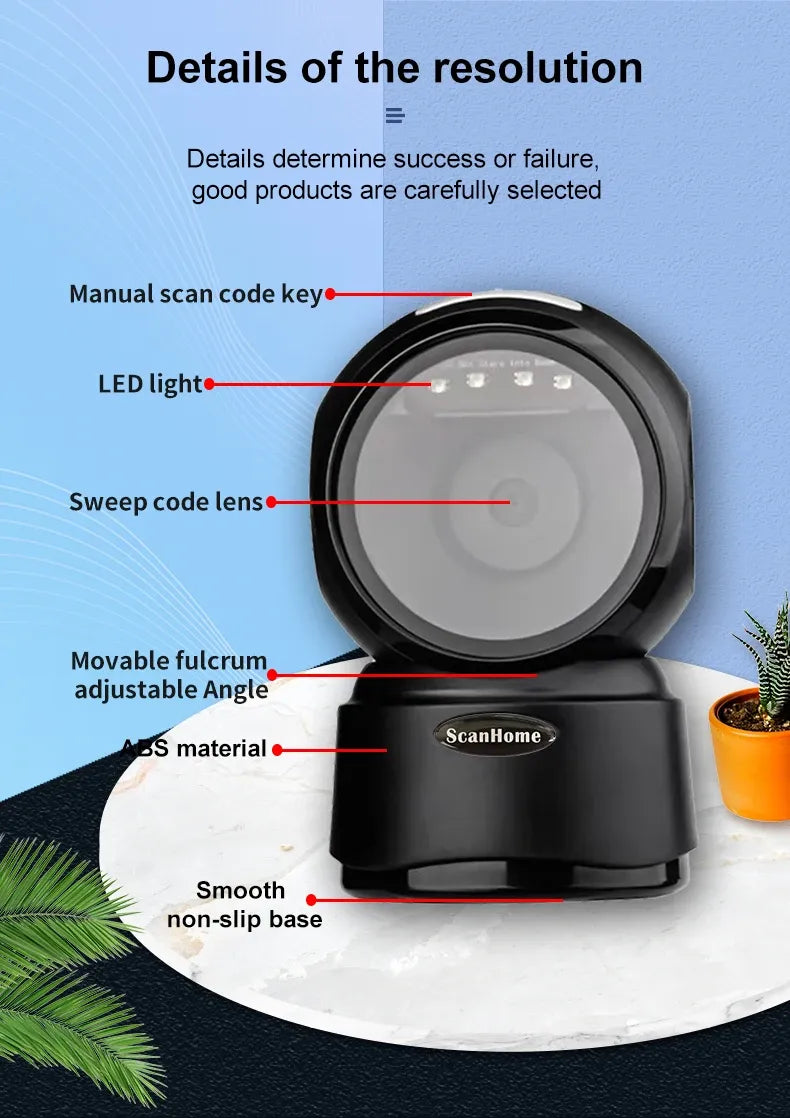 Black 2D barcode scanner on non-slip base with manual scan and LED indicator labels