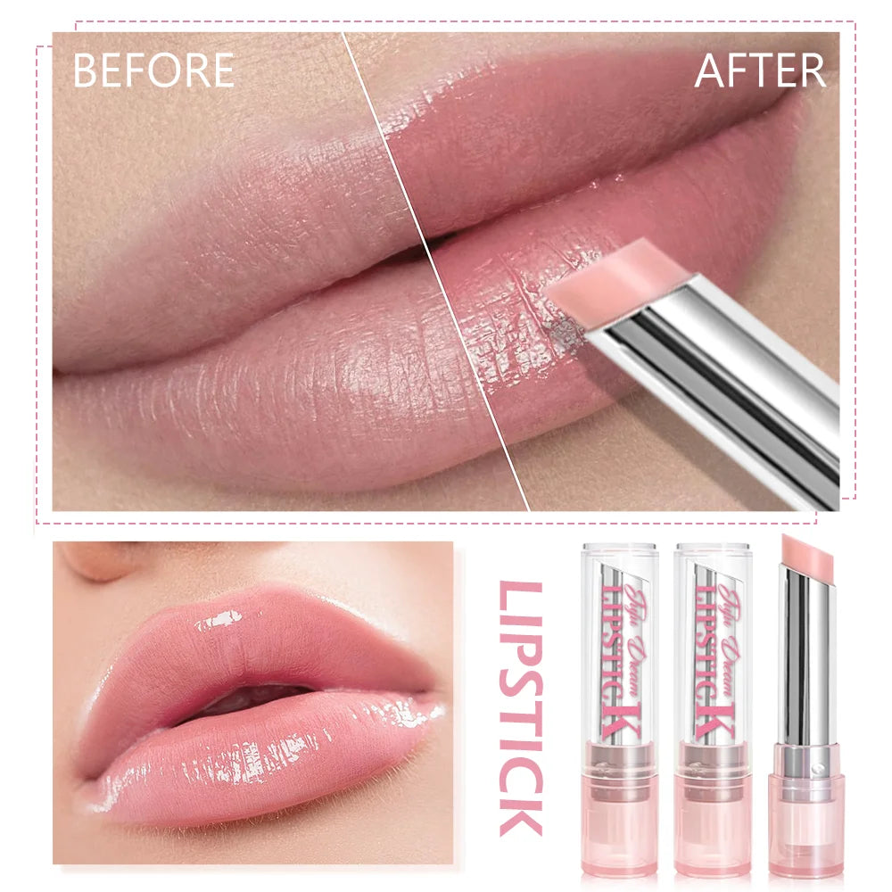 Pink magic color-changing lip balm providing a hydrating, glossy finish for a natural pink daily makeup look.
