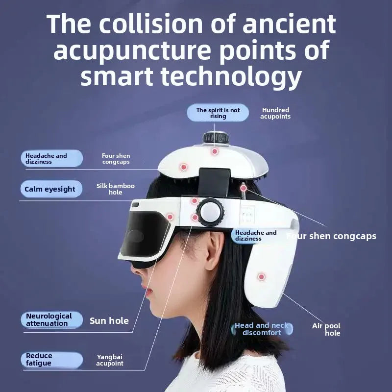 White integrated head and eye massager helmet for acupoint therapy, showing targeted massage points on a user.