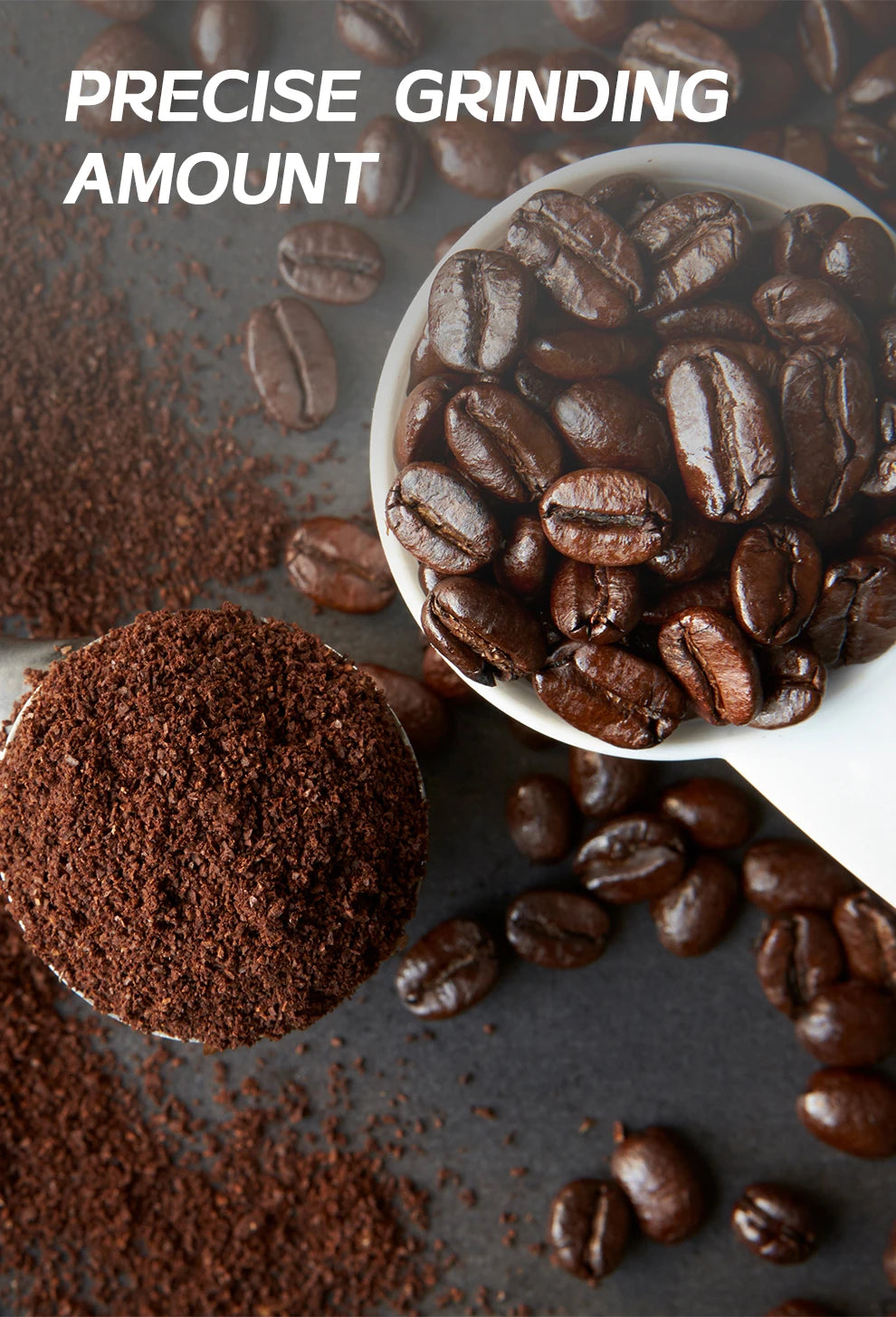 White measuring scoop filled with ground coffee beside fresh whole beans for precise brewing measurements.