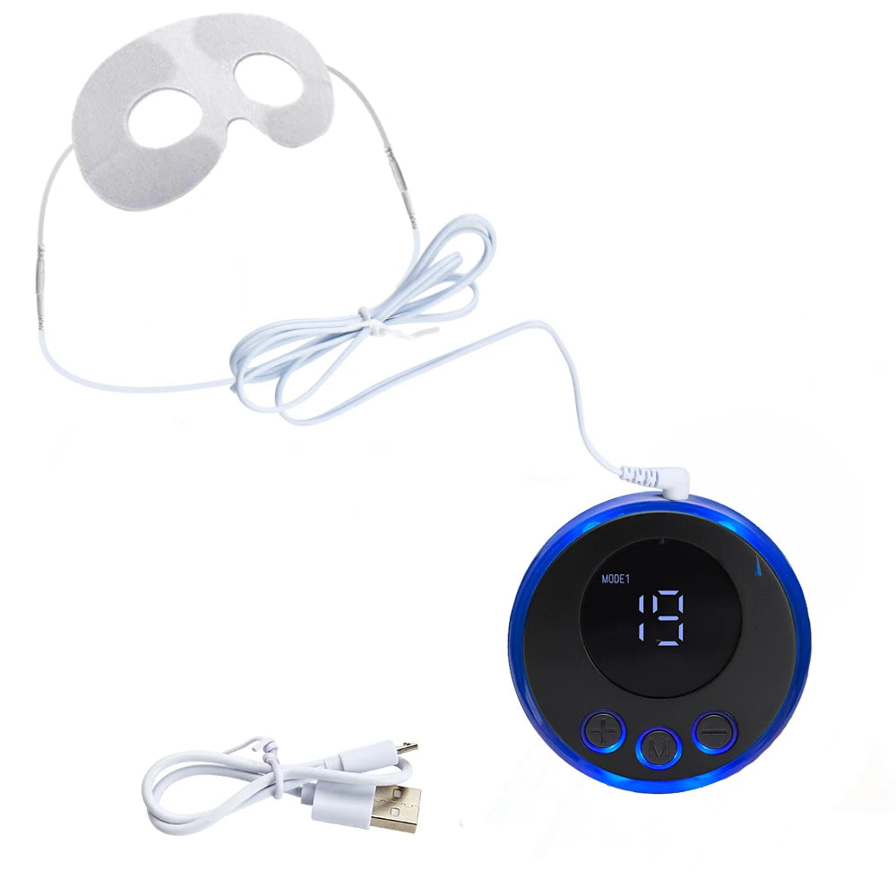 Electric EMS eye beauty massager with white eye mask, digital control unit, and USB charging cable for anti-wrinkle.