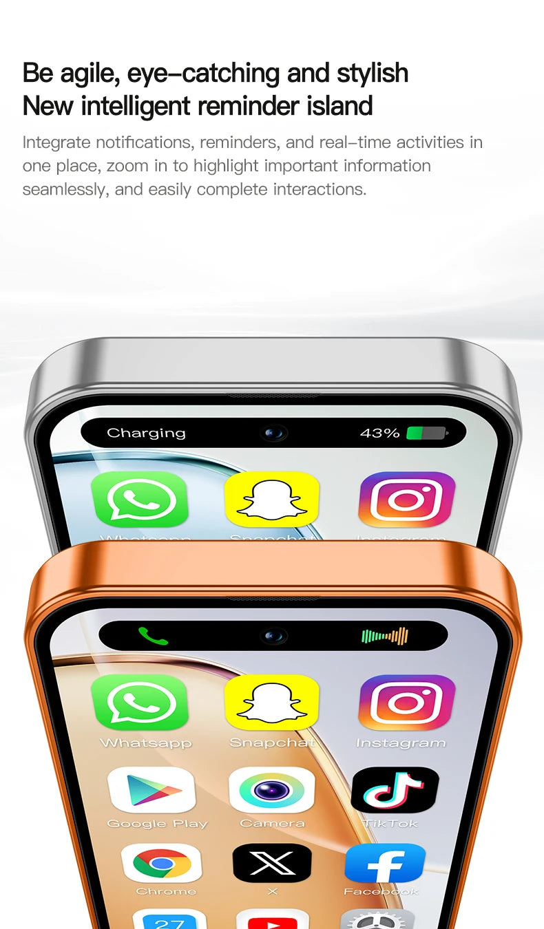 ONEMYTH A18 Pro 4G mini smartphone in silver and orange showing interactive notification island on 4-inch display.