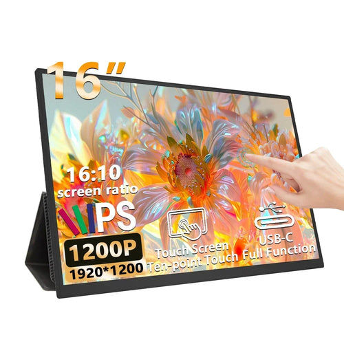 16-inch black portable IPS touchscreen monitor with 1920x1200 resolution, USB-C connectivity, and protective case stand.