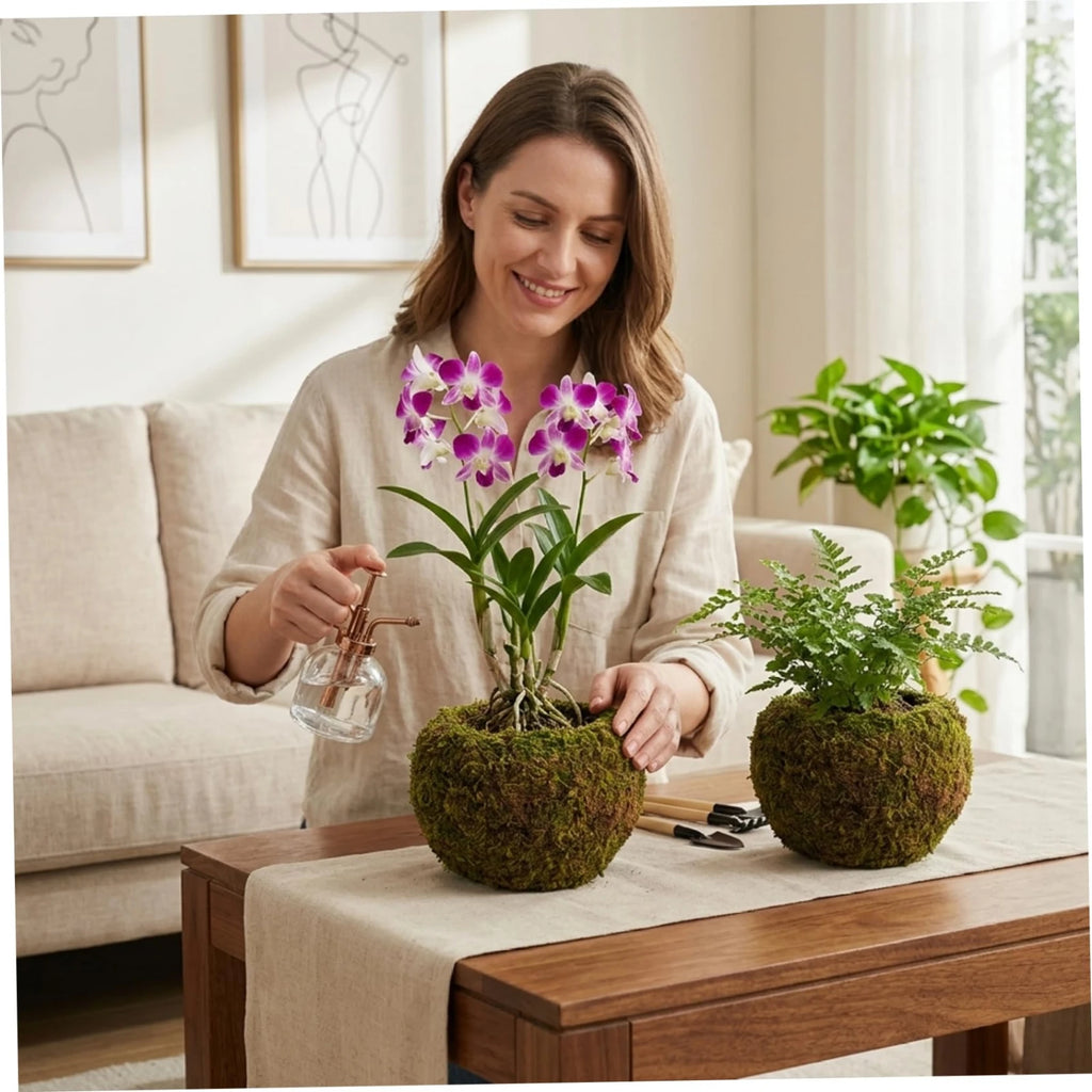 Handmade moss ball planters on a table with faux orchids and plants, desktop decor.