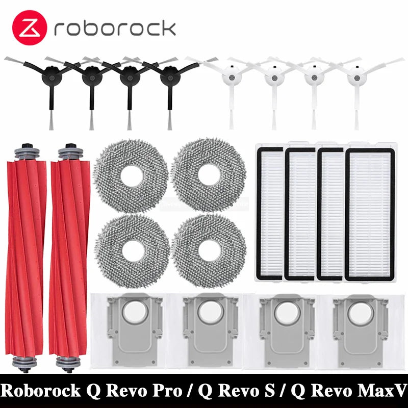 Tidesmit replacement accessory kit for Roborock Q Revo MaxV S Pro includes dust bags, brushes, filters, and mop cloths