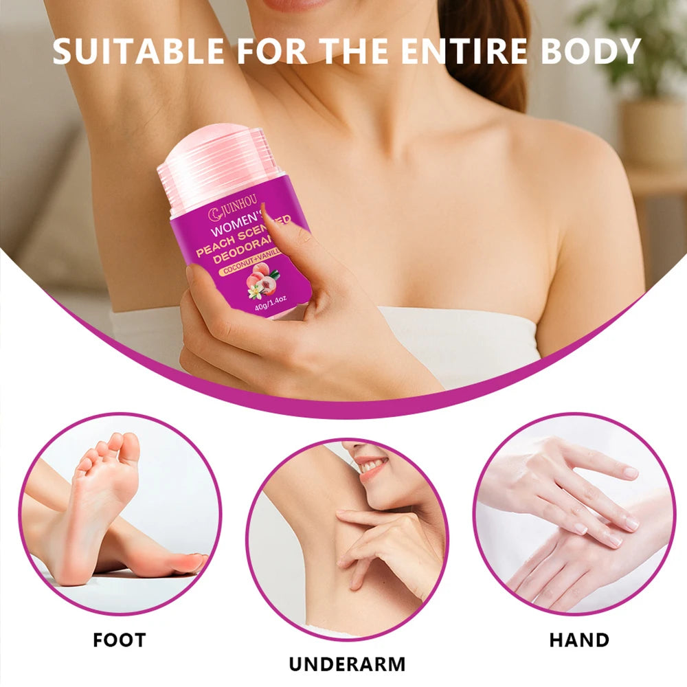 Tidesmit JUINHOU 40g Peach Deodorant Stick for women, moisturizing antiperspirant with light peach scent for travel.