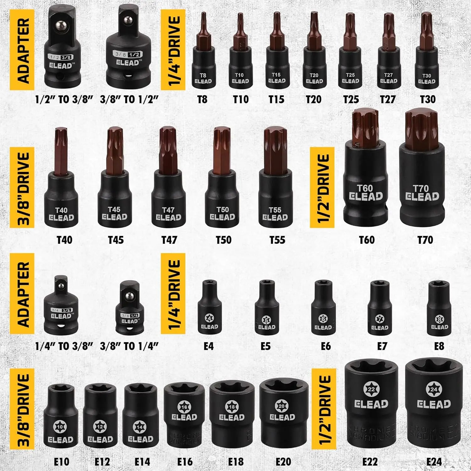 ELEAD 31PC Torx Bit Socket Set Premium CR-V & S2 Alloy Steel Star T8-T70 & E-Torx E4-E24 High Torque Laser Marked