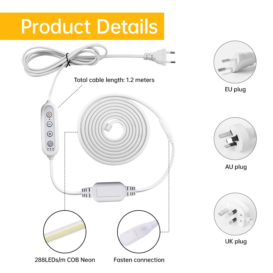 Self-adhesive 220V COB LED Strip 288LEDs/m IP65 Waterproof 1m-25m Length with Timing Dimming Switch EU/AU/UK Plug for Lighting