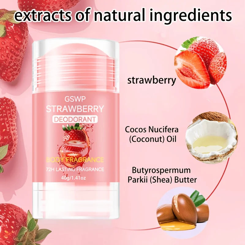 Tidesmit GSWP Strawberry Deodorant, a scented odor-eliminating stick for underarms, neck, and body in 40g and 80g.