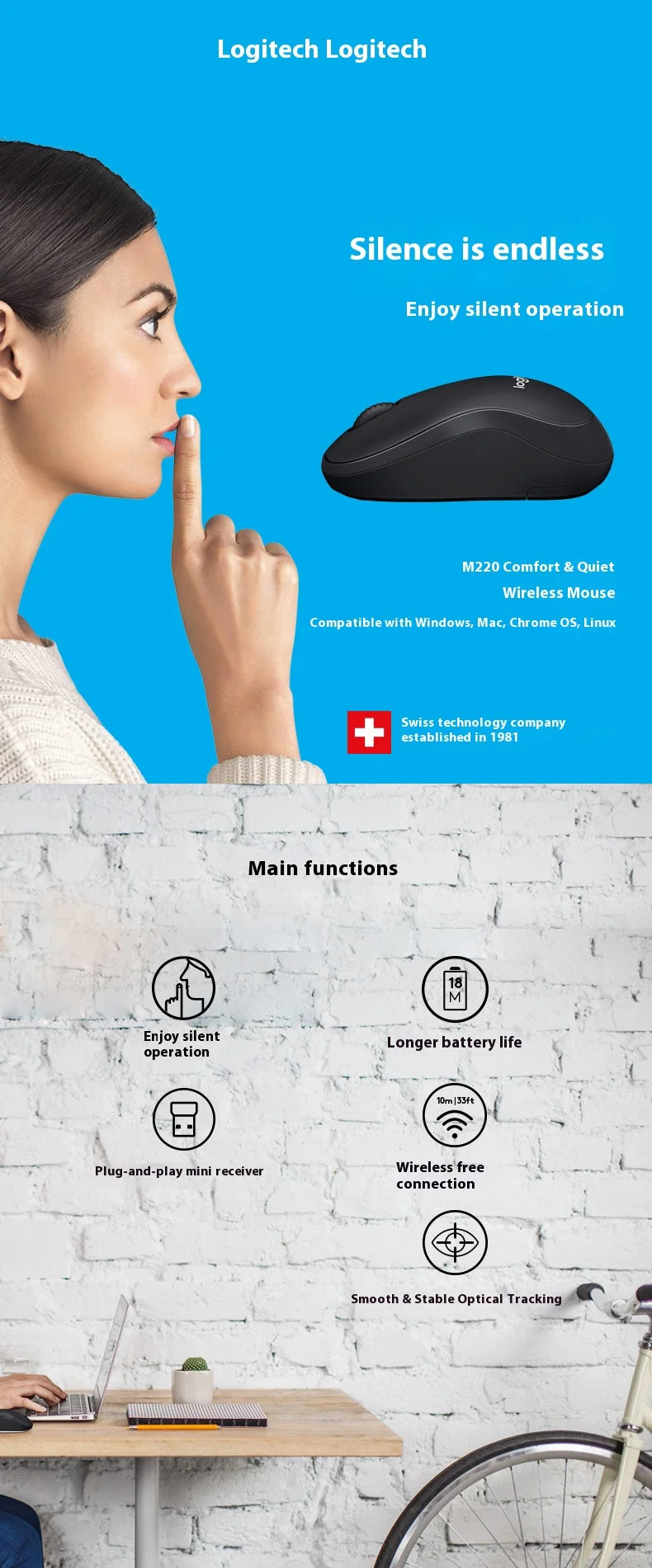 Logitech M220 Wireless Mouse Laptop Business Office Silent Portable Home Game Boys and Girls Super handy office mouse