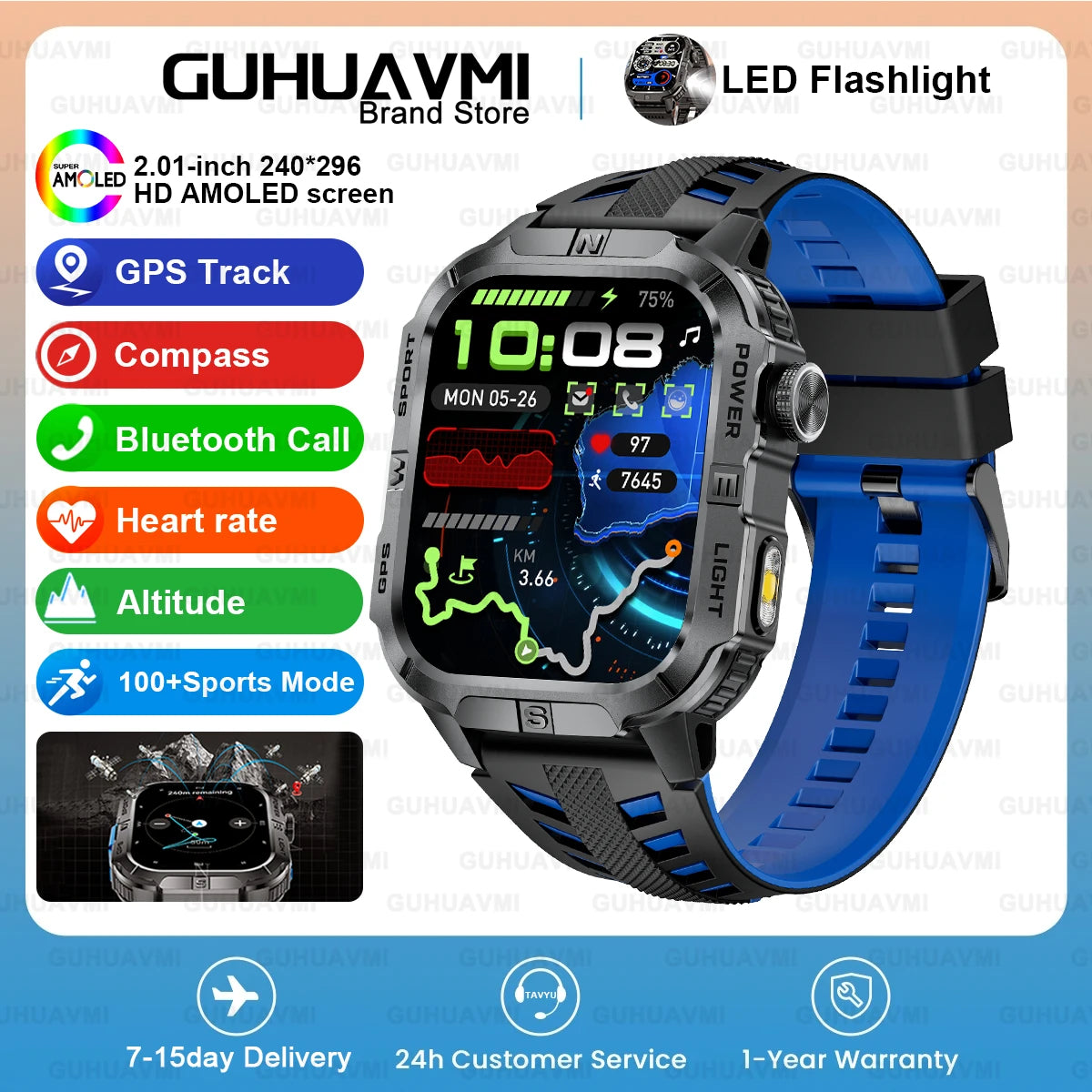 2026New Outdoor Military Men's Smartwatch, Equipped With GPS LED Lighting, Compass, Wireless Communication IP68 Waterproof Watch