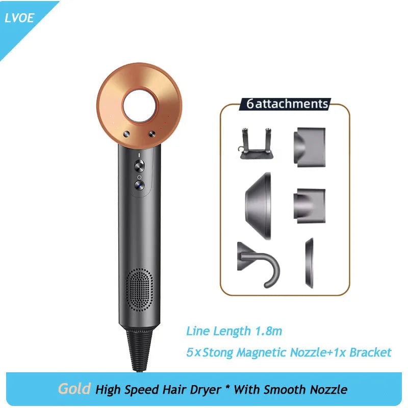 Gold 1600W high-speed ionic hair dryer with 6 magnetic attachments and wall bracket for professional salon results.