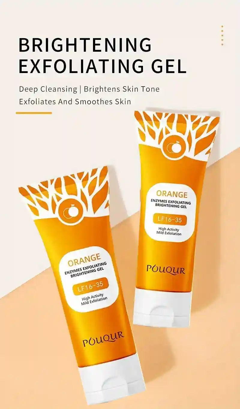 Two tubes of POUQUR orange and white exfoliating peeling gel with a graphic orange tree pattern.