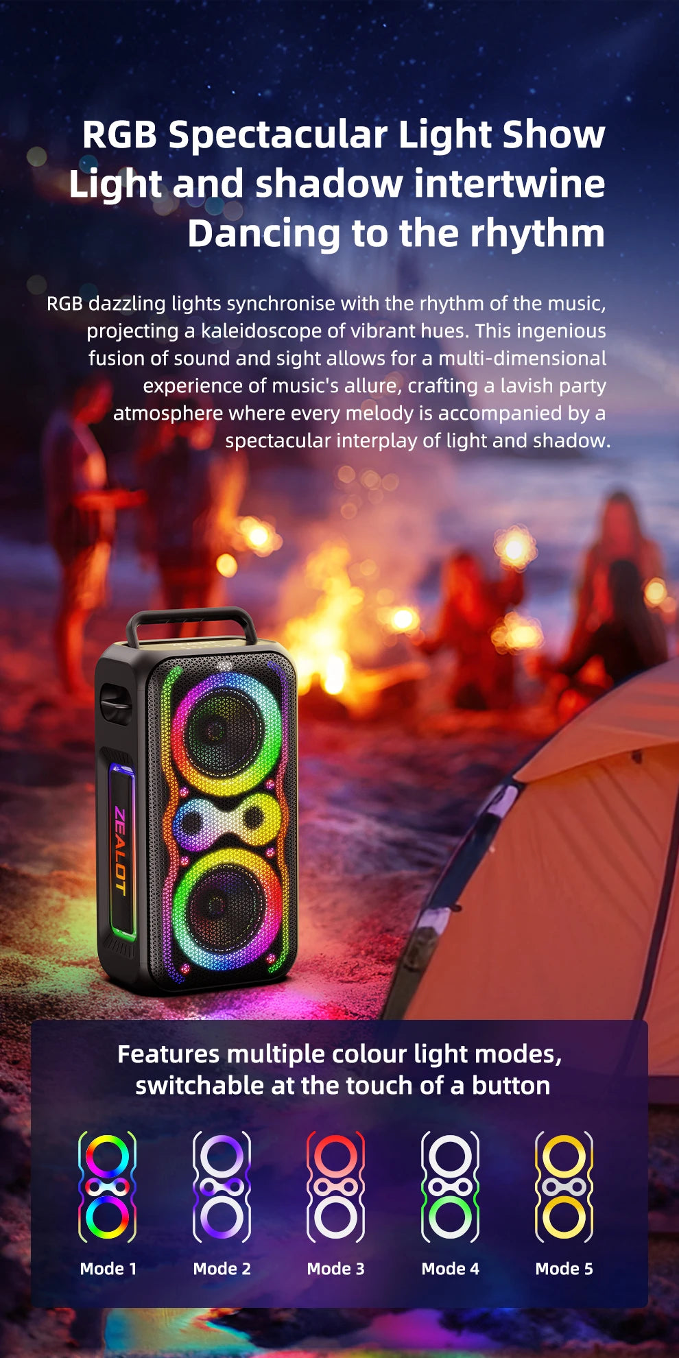 Zealot-PT21 Large Portable Bluetooth Speaker Loudest，200W Deep Bass, V5.3 Big Party Boombox Wireless Speaker For Camping Hiking
