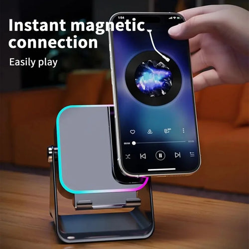 Black Bluetooth speaker stand with phone holder and RGB light ring glow
