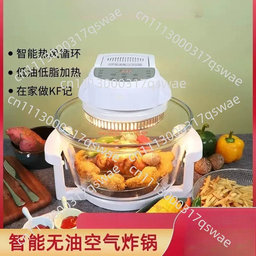 Large air fryer oven with clear glass cooking bowl on white base, top control panel visible.