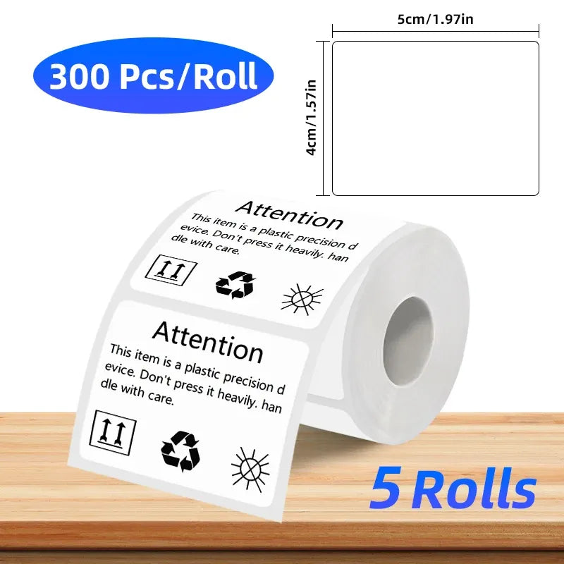 White coreless thermal label roll with warning icons on self-adhesive sticker, 300 pcs/roll