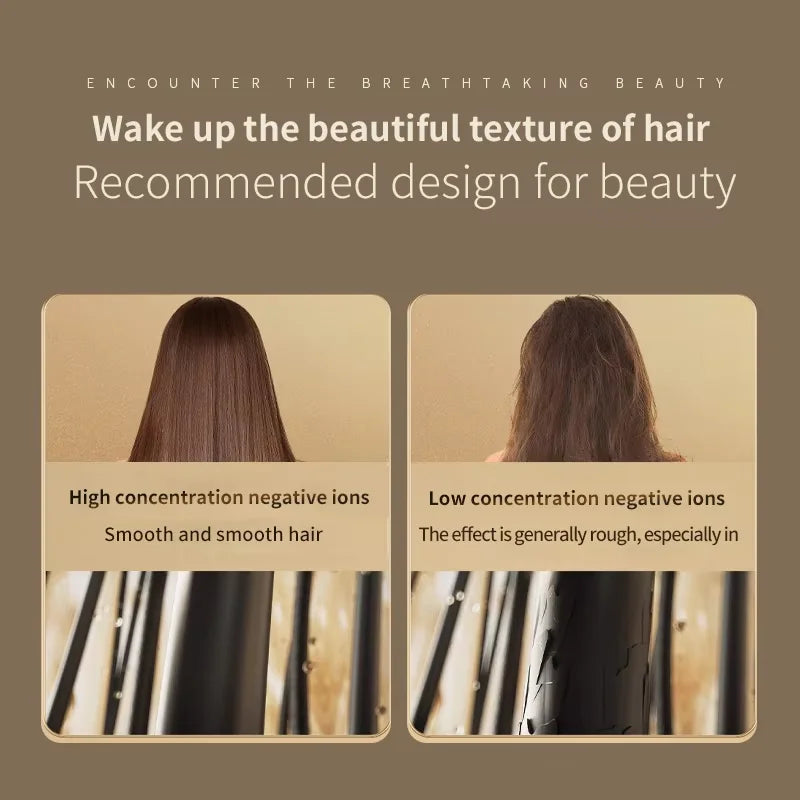 F41 high-speed hair dryer comparison: ionic technology creates smooth, frizz-free hair versus rough, dry hair texture.