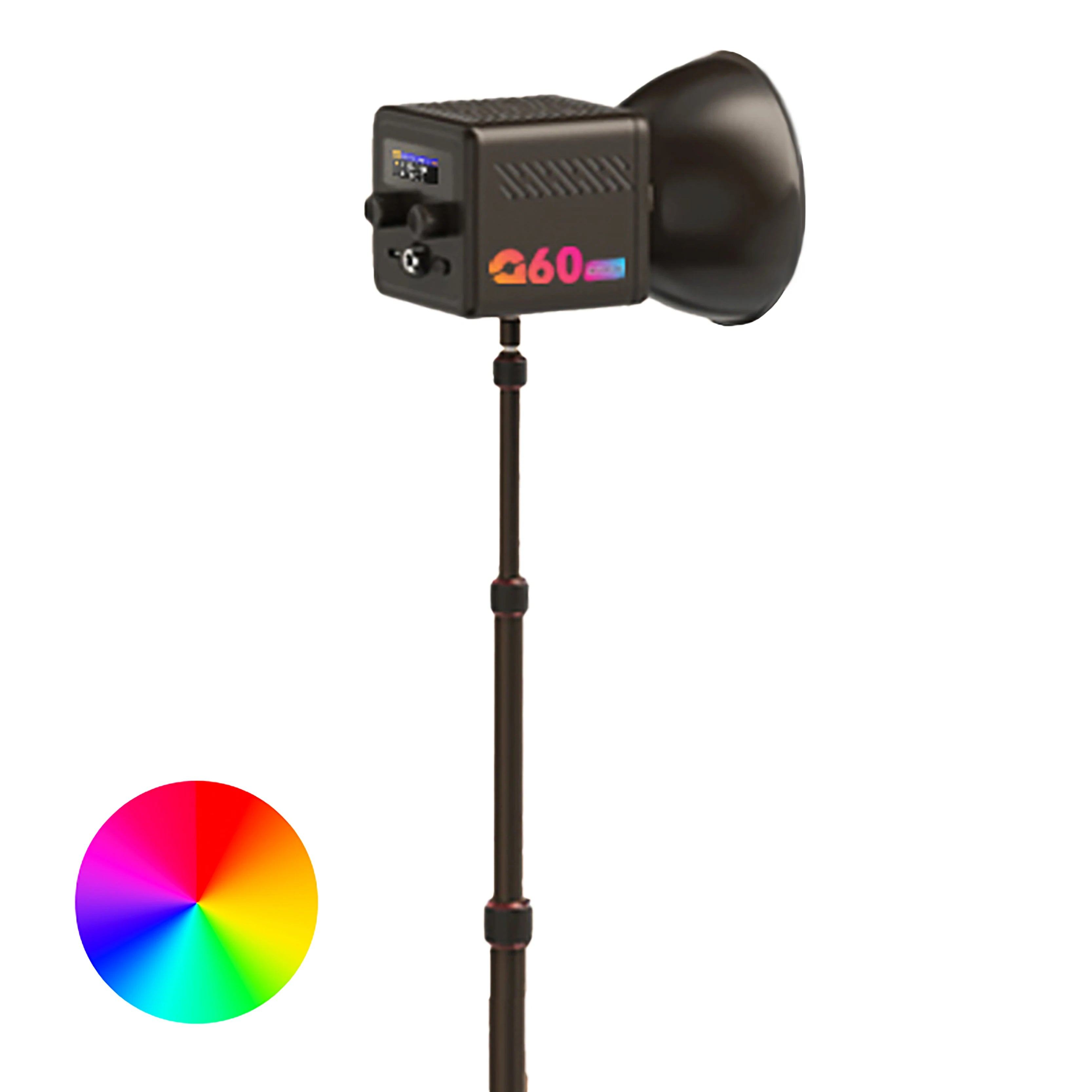 G60 compact LED video light on a tall stand with a black reflector bowl and a color wheel icon for lighting control.
