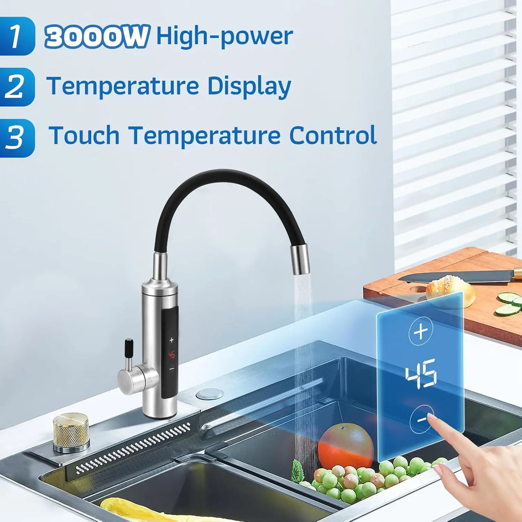 Instantaneous Water Heater Tap with Temperature Display,360° Rotatable Stainless Steel Kitchen Electric Heating Faucet