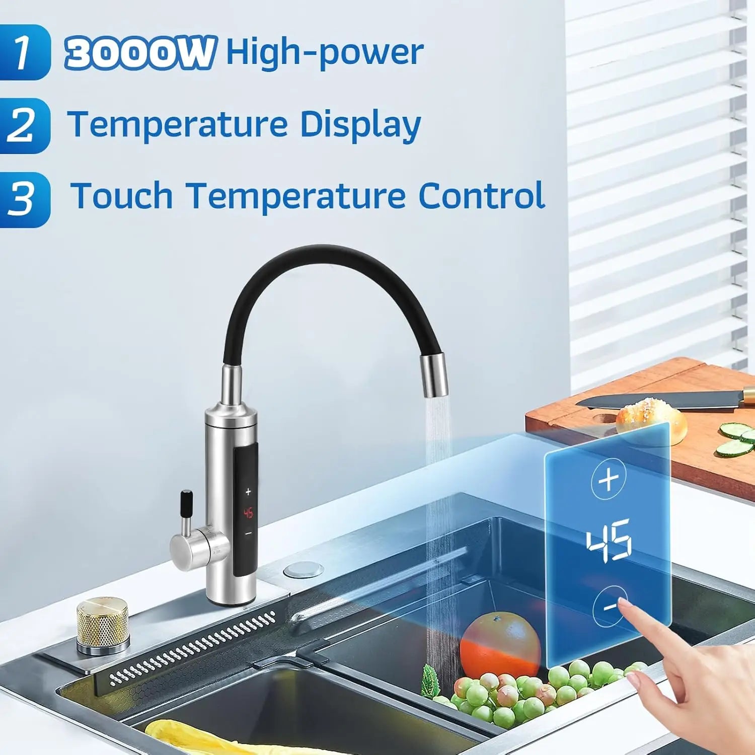 Instantaneous Water Heater Tap with Temperature Display,360° Rotatable Stainless Steel Kitchen Electric Heating Faucet