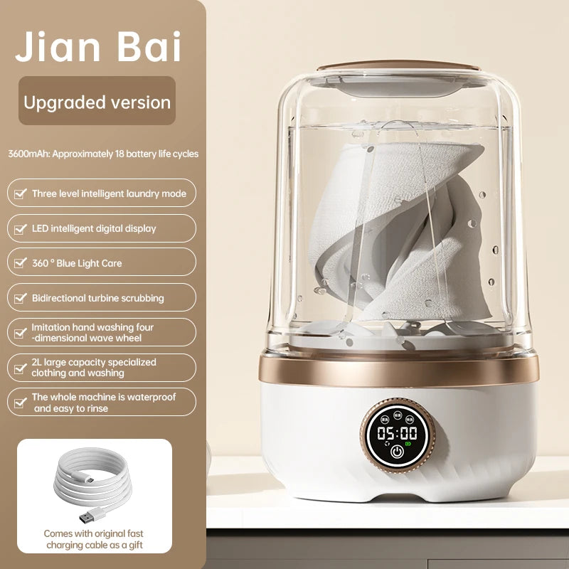 Tidesmit 2L Wireless Portable Washing Machine showing compact design for baby clothes and automatic laundry cup feature