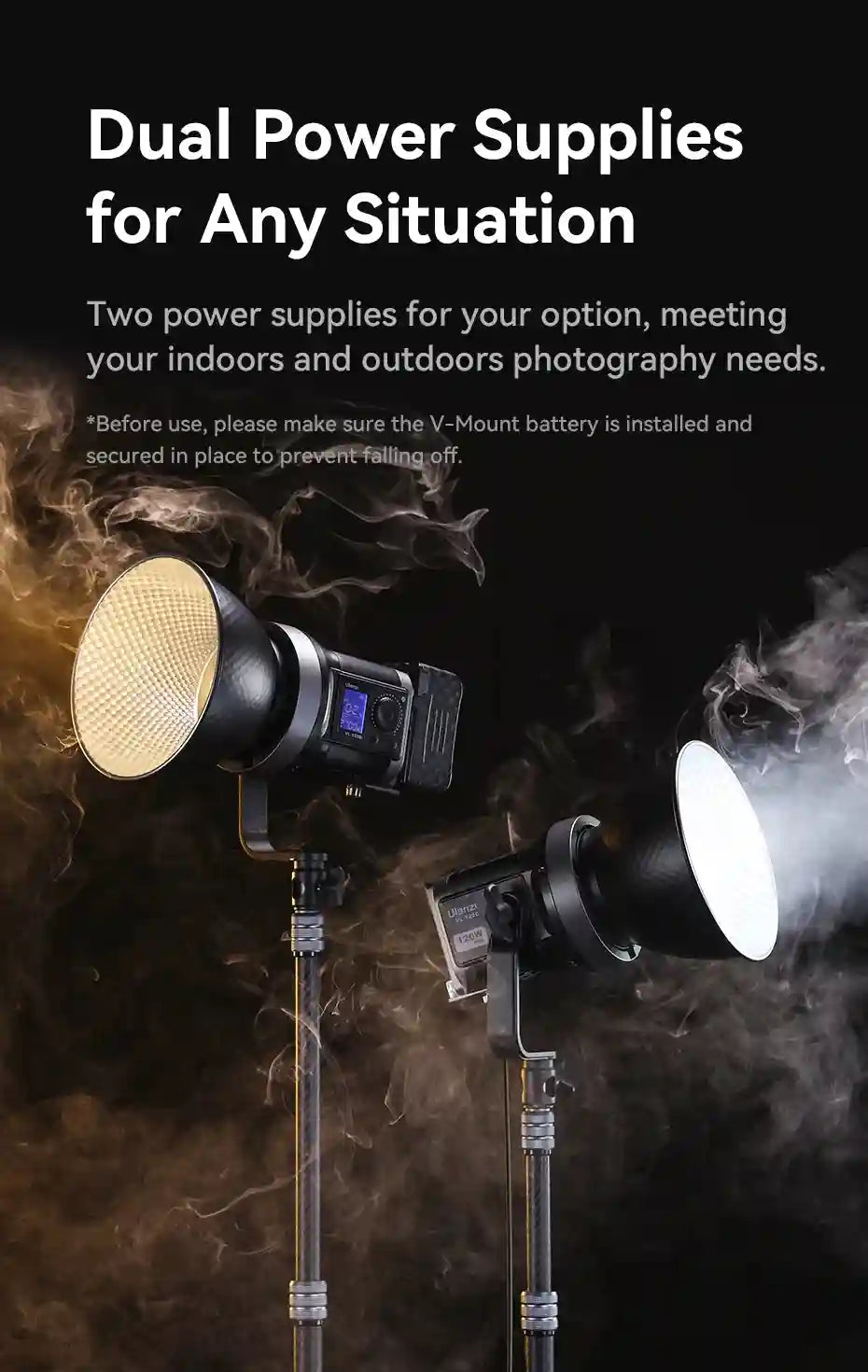 Two black LED video lights on stands, with reflectors, for indoor and outdoor photography.