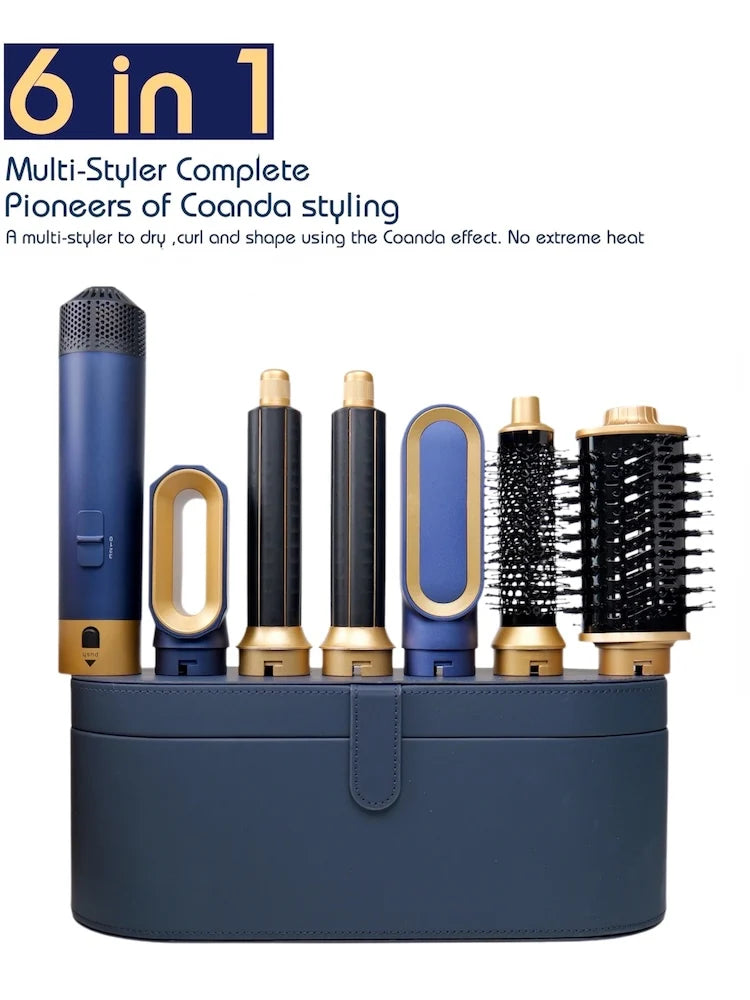 6-in-1 blue and gold multi-styler hair dryer set with curling barrels, hot air brushes, and storage case.