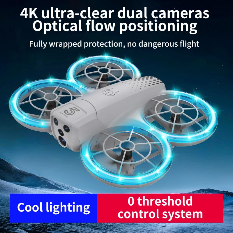 Small white quadcopter drone with dual front cameras and protected propellers surrounded by glowing blue LED rings.