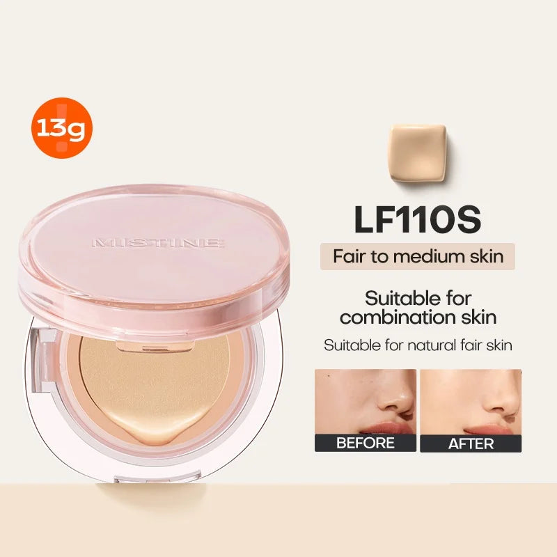 Tidesmit Mistine Air Cushion foundation texture close-up for dewy natural finish and nourishment on combination skin