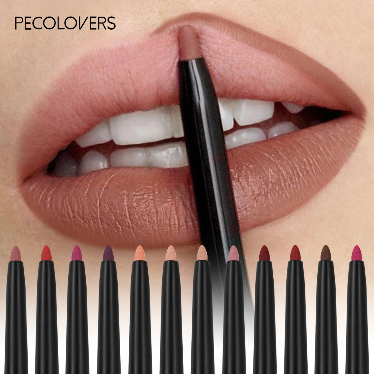 12-color waterproof matte lip liner set, showing a long-lasting, smudge-proof nude shade applied on model lips.