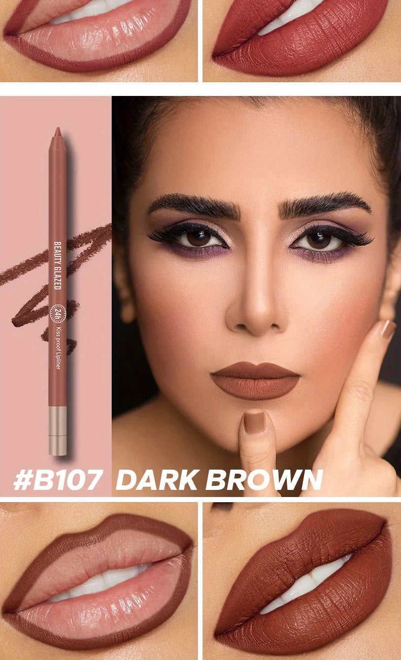Beauty Glazed dark brown waterproof matte lip liner pencil, long-lasting high pigment shaping makeup for defined lips.