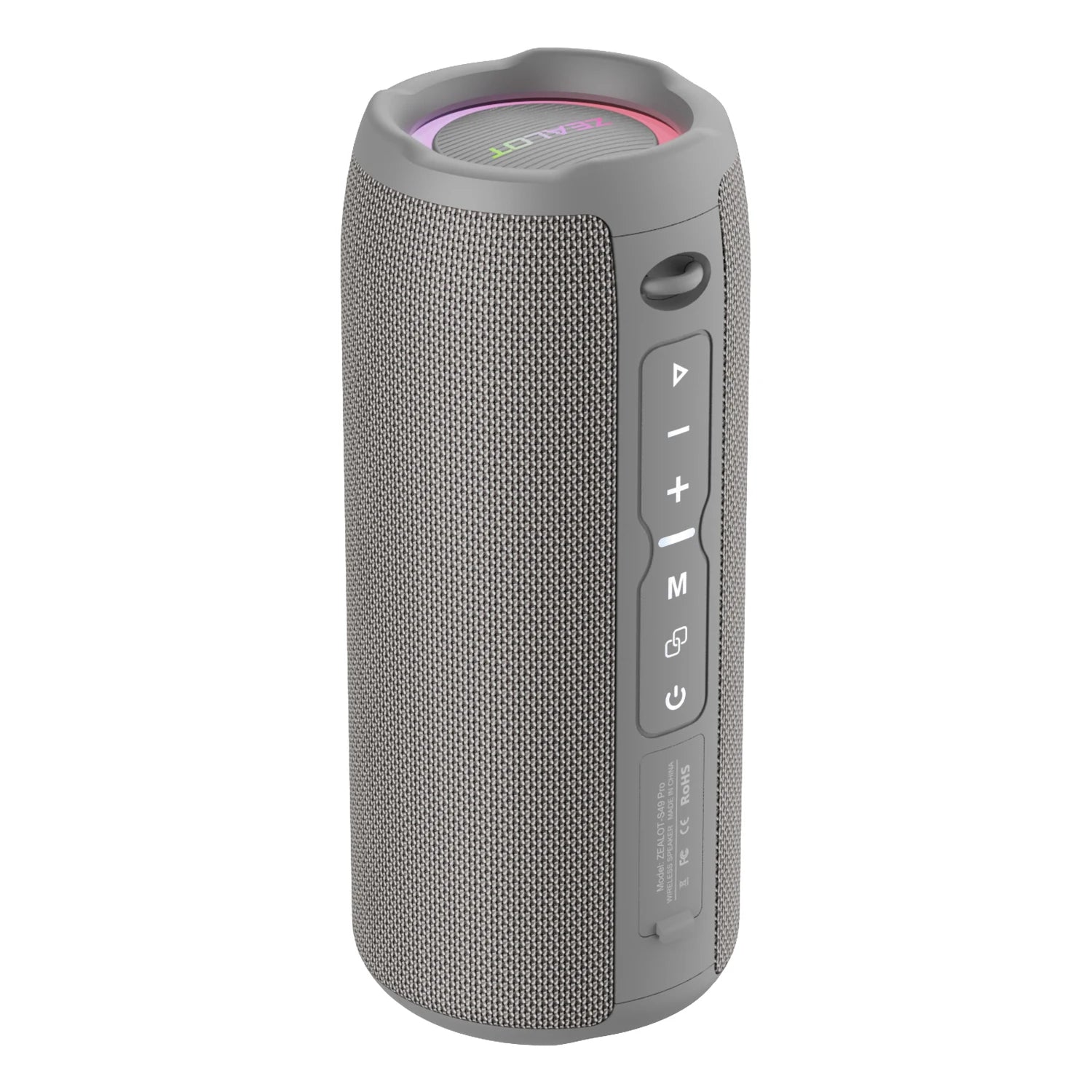 Grey portable wireless speaker with side control panel and top grille
