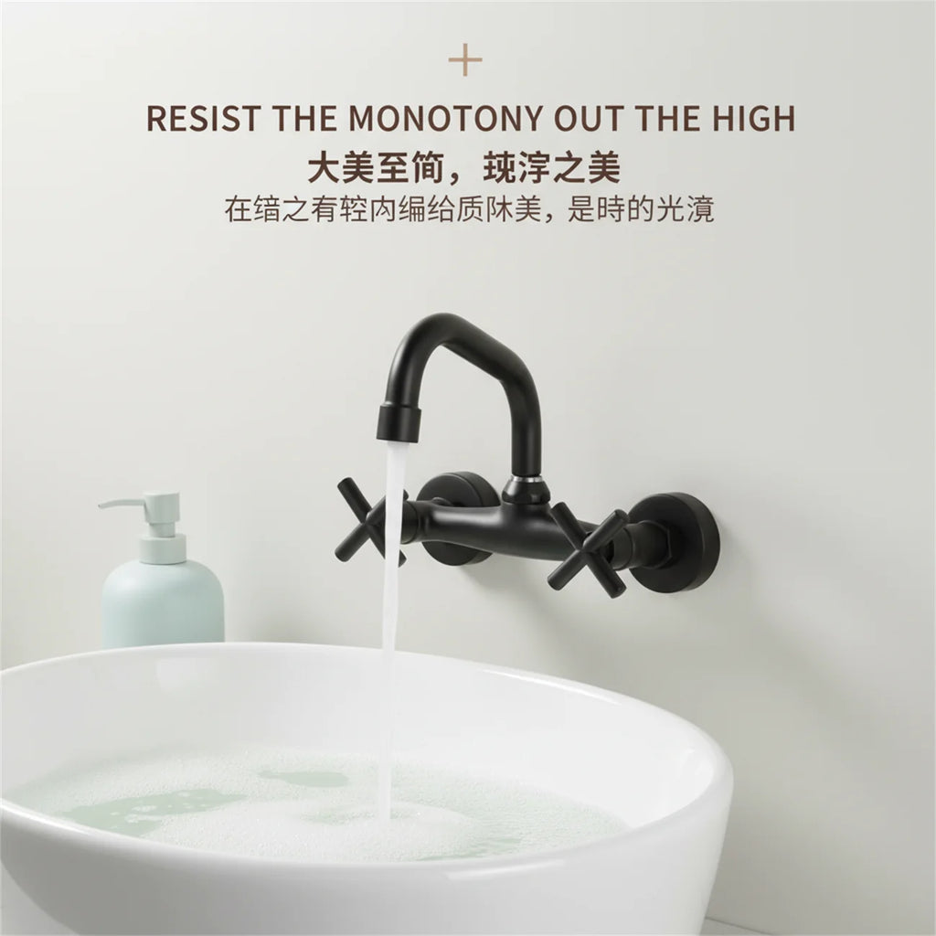 2-Handle Wall Mount 2-hole Bathroom Faucet Black, Copper & Ceramic 14.5-16.5cm Mounting Hole Distance 360° Rotatable