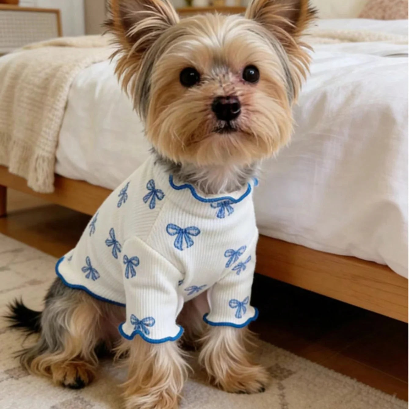 Yorkshire Terrier wearing a cute, stretchy white knit dog sweater with blue bow print for breathable, comfy pet style.