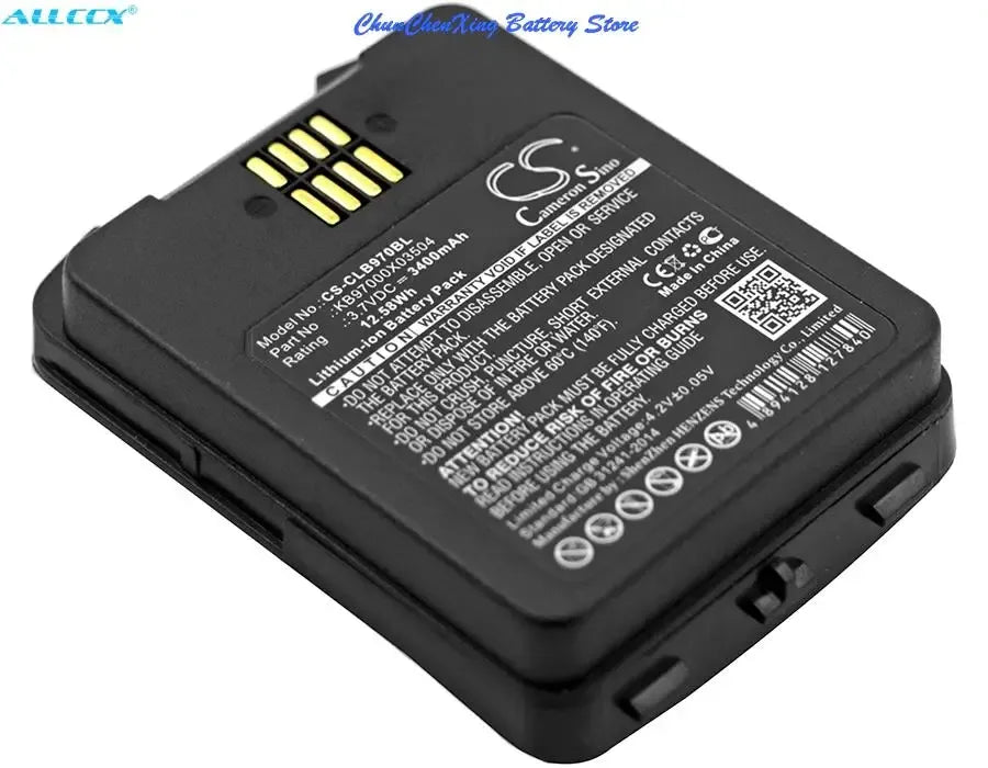 Barcode scanner Li-ion battery pack with gold contacts and label side view