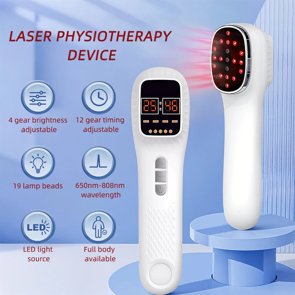 White handheld laser physiotherapy device with a digital display and 19 red infrared light beads.